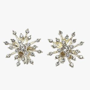 TJG Rhinestone Snowflake Clip On Earrings Silver Tone Sunburst Wedding Prom Glam